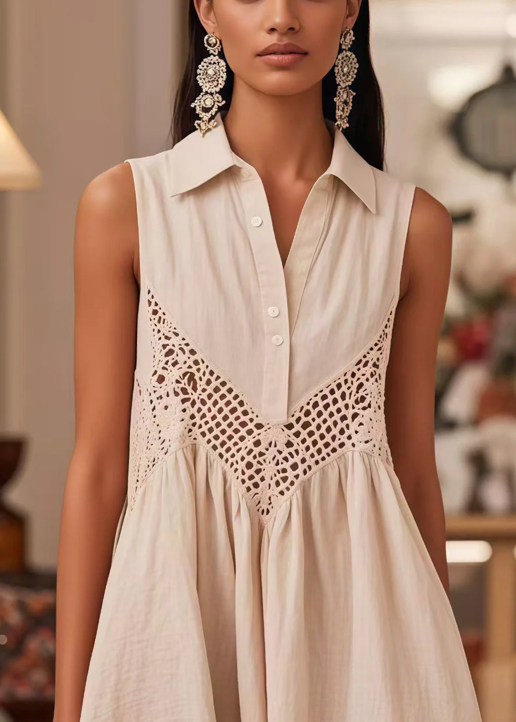 Modern White Peter Pan Collar Patchwork Lace Dresses Sleeveless - Image 2