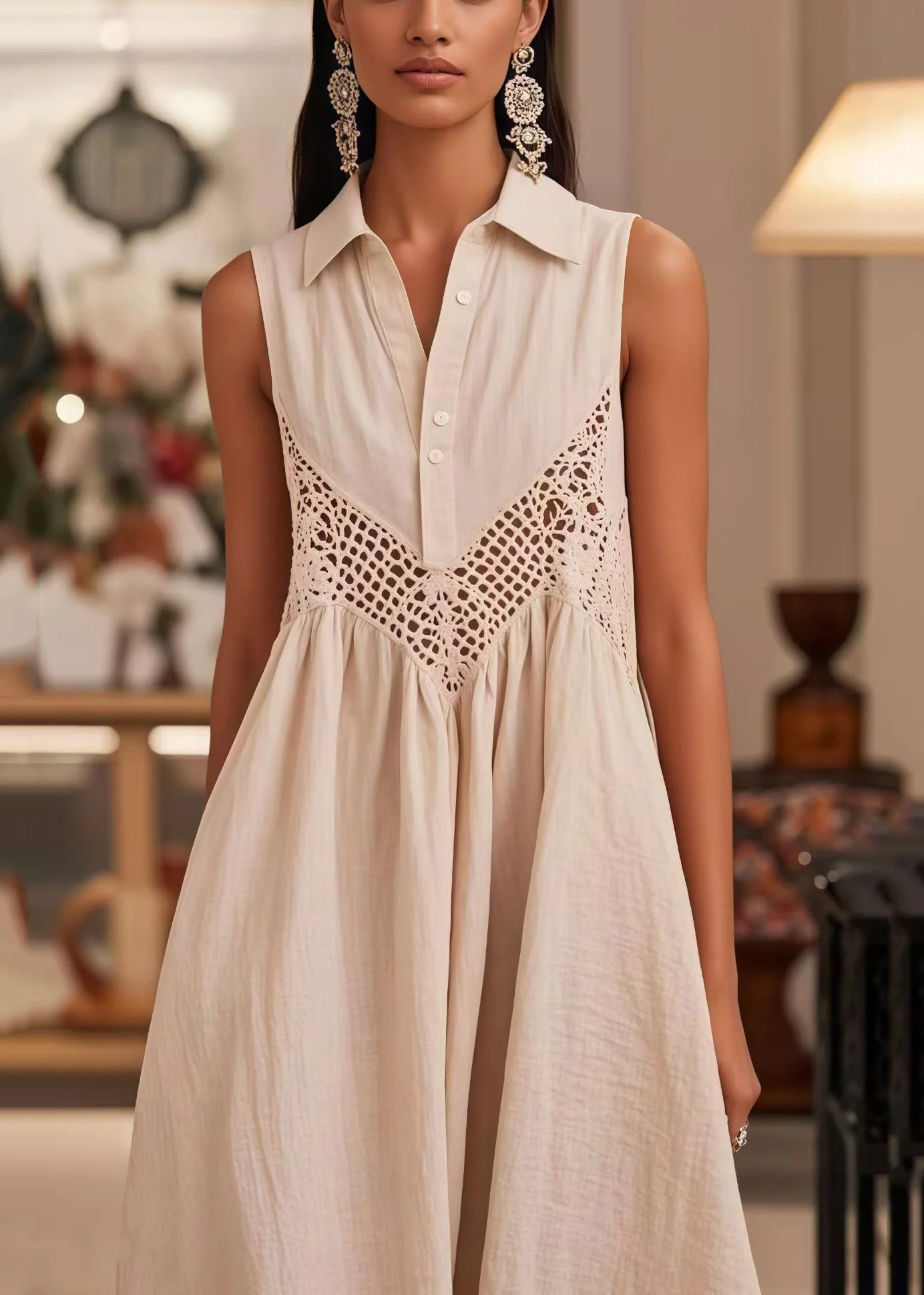 Modern White Peter Pan Collar Patchwork Lace Dresses Sleeveless - Image 3