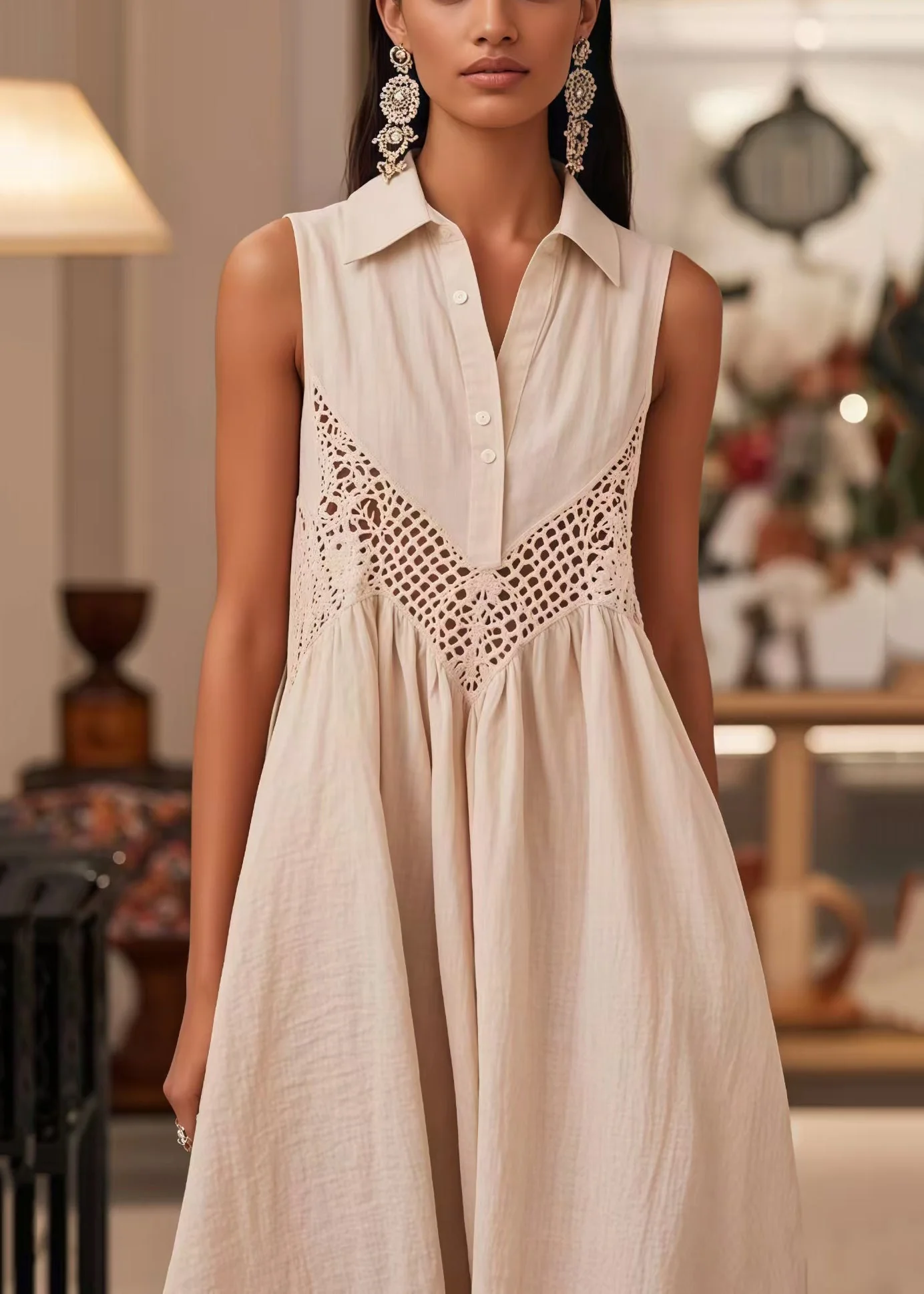 Modern White Peter Pan Collar Patchwork Lace Dresses Sleeveless - Image 5