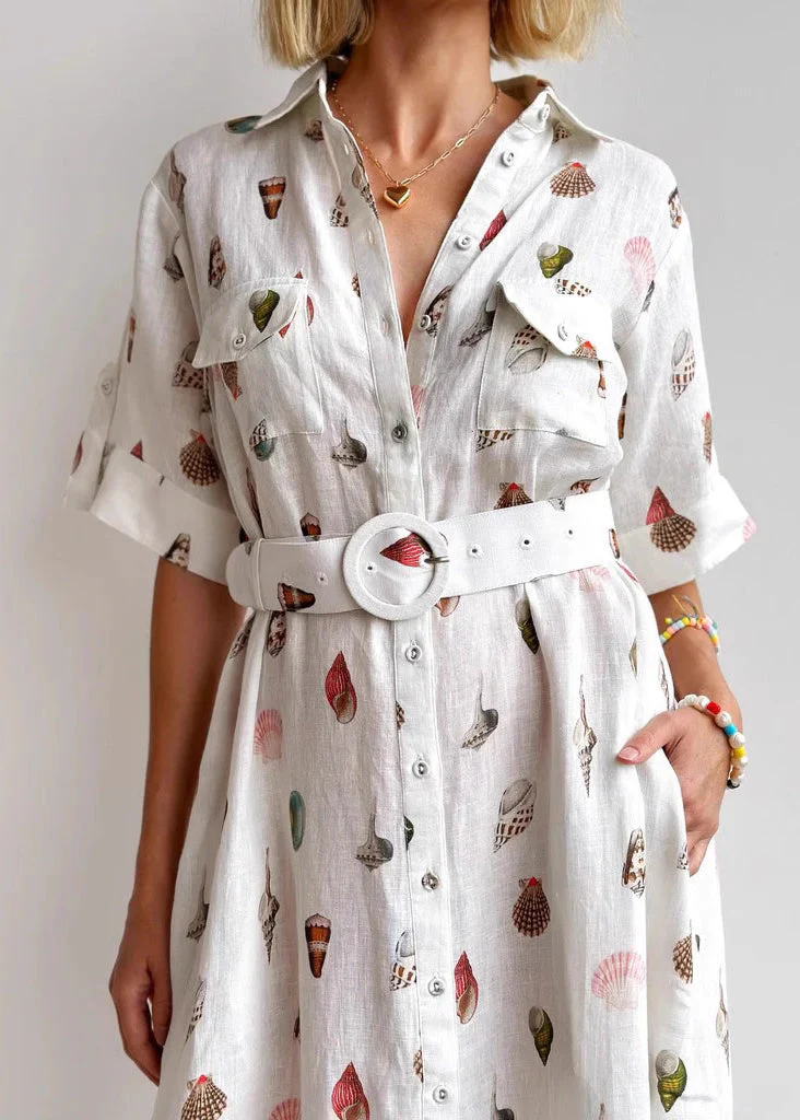 Modern White Peter Pan Collar Sashes Linen Maxi Dress Summer - Image 4