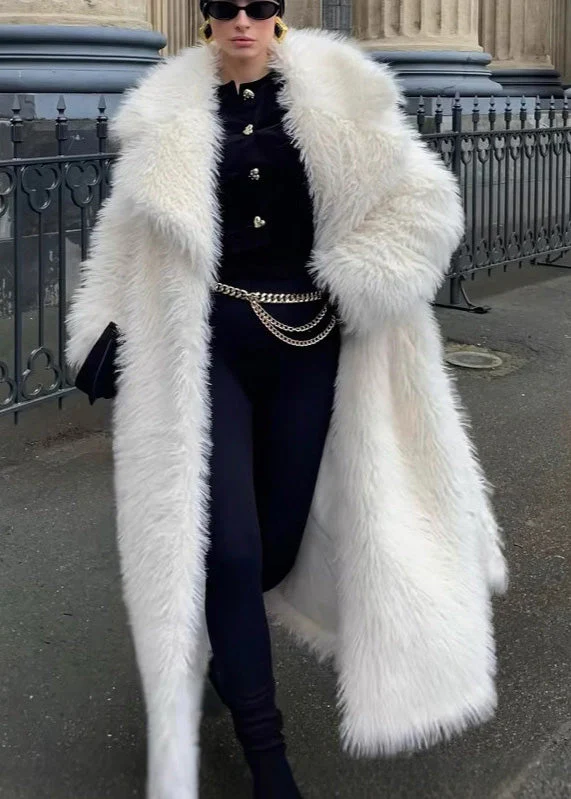 Modern White Peter Pan Collar Thick Warm Faux Fur Coats Winter