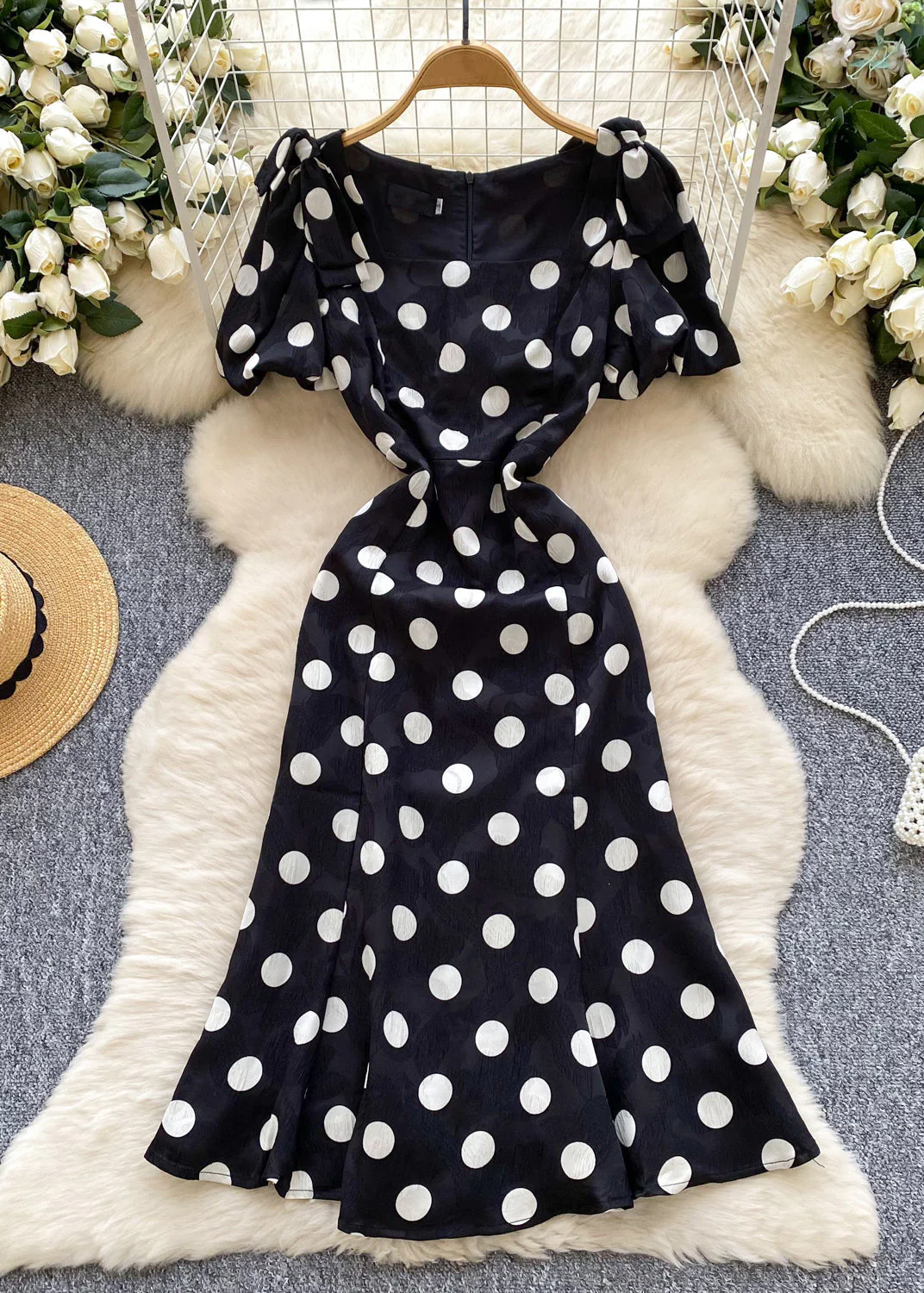 Modern White Puff Sleeve Dot Chiffon Holiday Dress Summer - Image 2