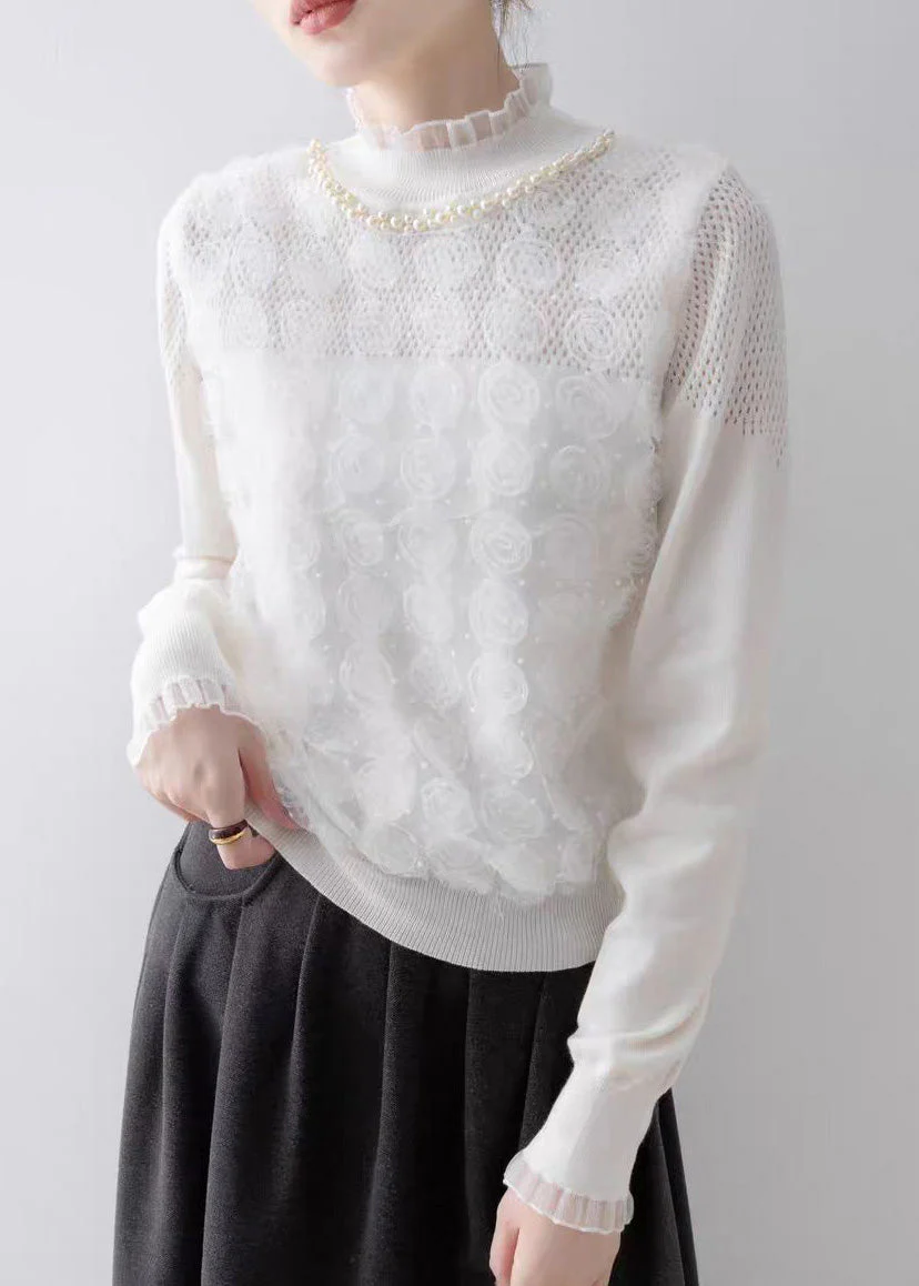 Modern White Ruffled Floral Knit Top Spring - Image 4