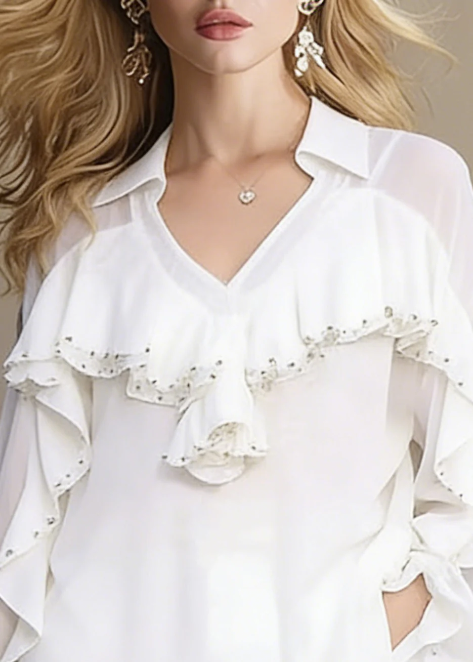 Modern White Ruffled Nail Bead Chiffon Tops Spring - Image 2