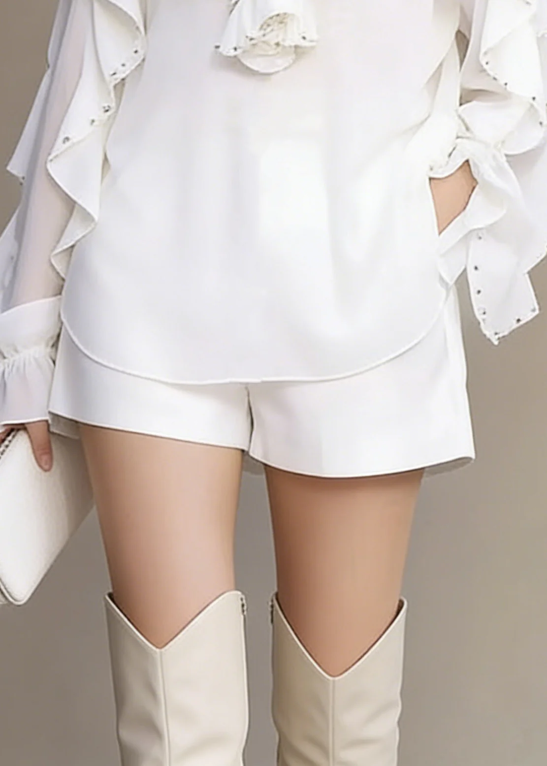 Modern White Ruffled Nail Bead Chiffon Tops Spring - Image 4
