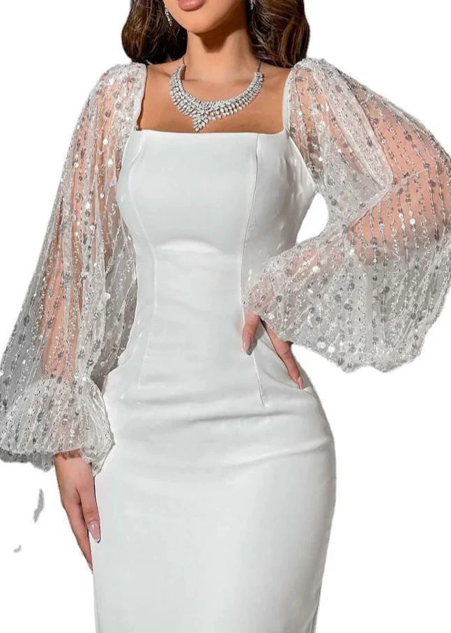 Modern White Sequins Patchwork Wraped Party Dresses Lantern Sleeve - Image 5