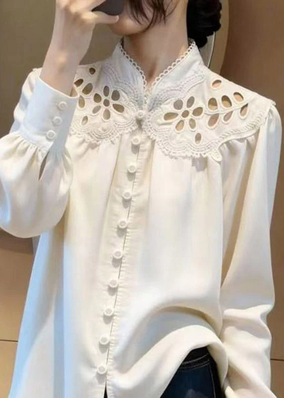 Modern White Stand Collar Hollow Out Shirt Lantern Sleeve - Image 2