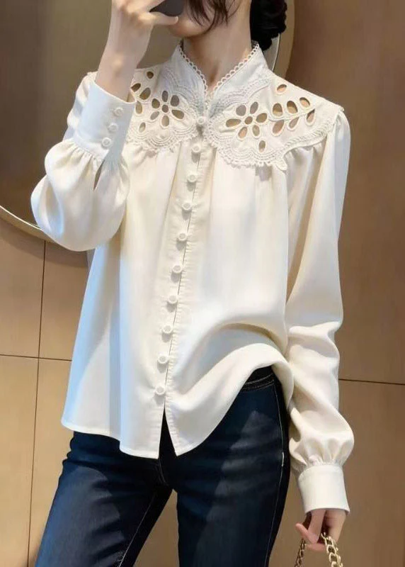 Modern White Stand Collar Hollow Out Shirt Lantern Sleeve - Image 3