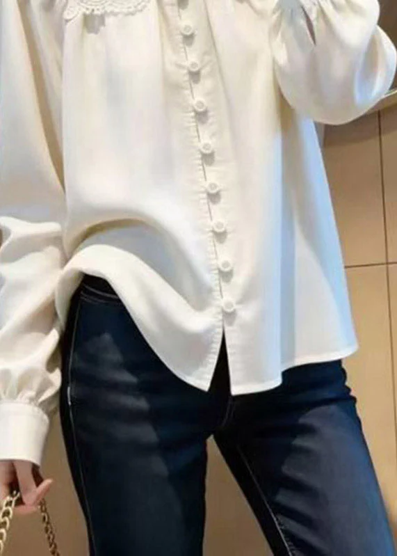 Modern White Stand Collar Hollow Out Shirt Lantern Sleeve - Image 4