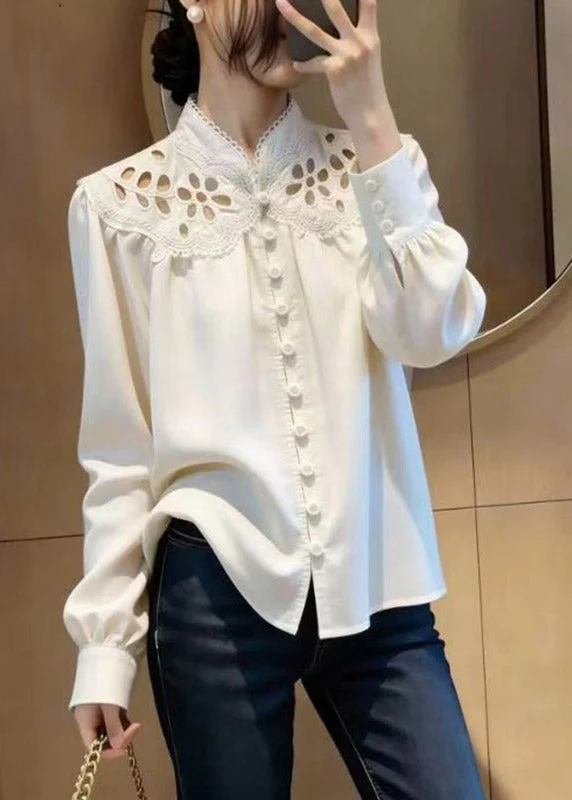 Modern White Stand Collar Hollow Out Shirt Lantern Sleeve - Image 5