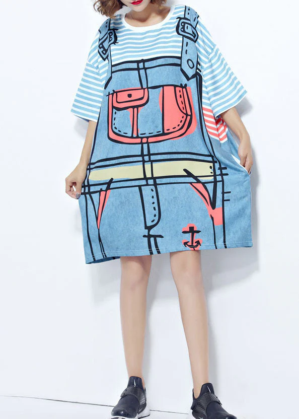 Modern White Striped Print Cotton Fake Two Piece Dresses Short Sleeve - Image 3