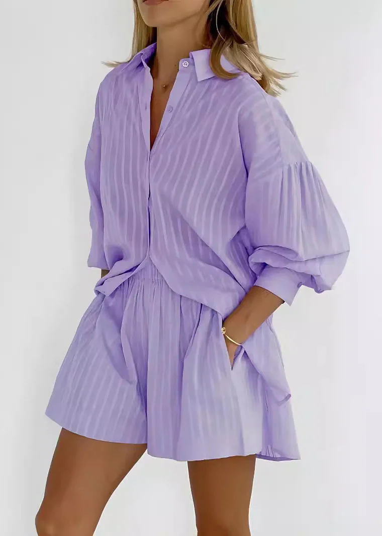 Modern White Striped Shirts And Shorts Cotton Two Pieces Set Spring - Image 2