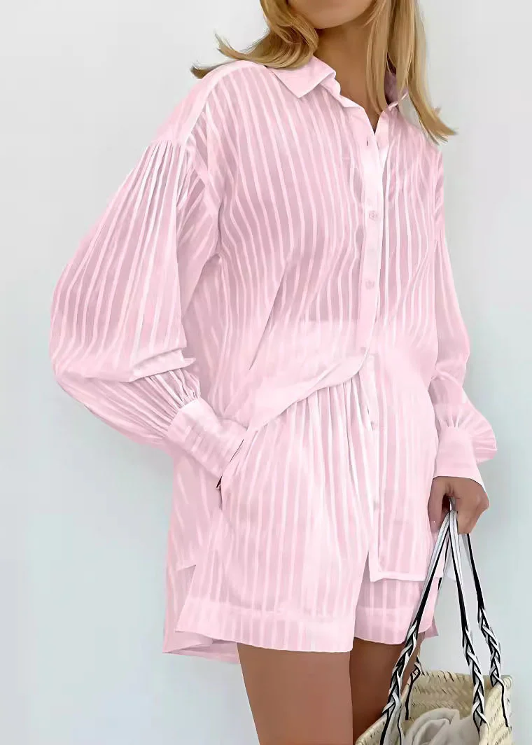 Modern White Striped Shirts And Shorts Cotton Two Pieces Set Spring - Image 3