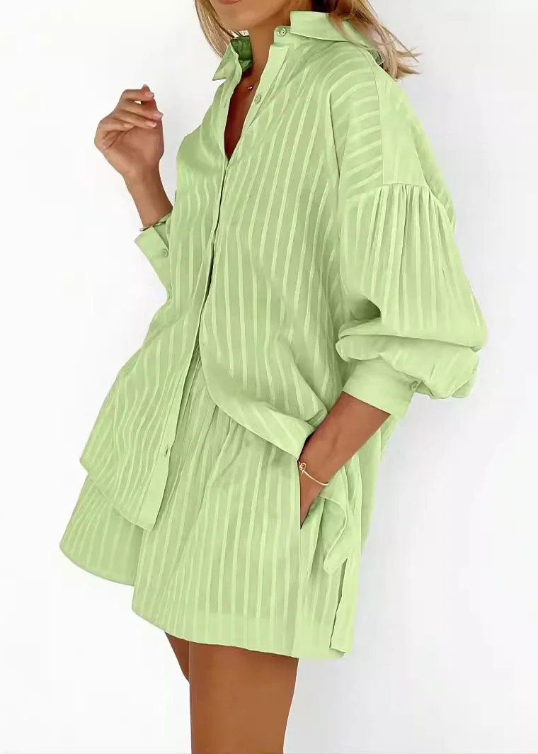 Modern White Striped Shirts And Shorts Cotton Two Pieces Set Spring - Image 4