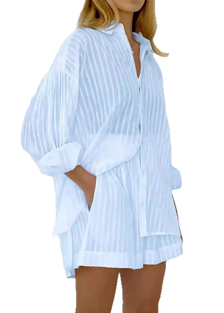 Modern White Striped Shirts And Shorts Cotton Two Pieces Set Spring - Image 5