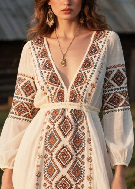 Modern White Tasseled Print Chiffon Dresses Fall - Image 2
