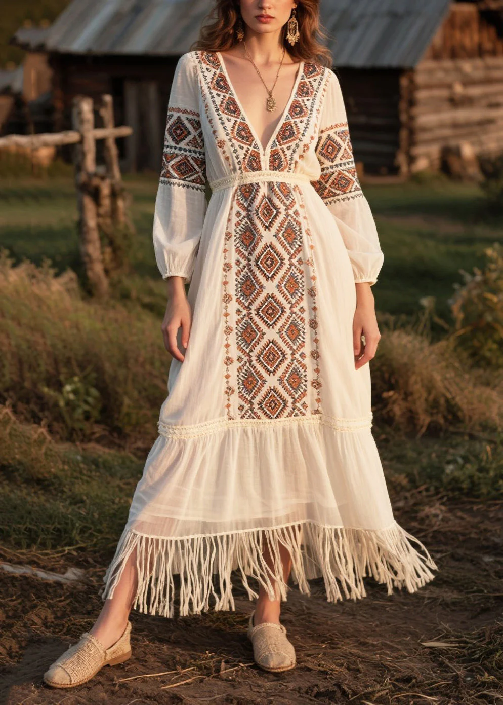 Modern White Tasseled Print Chiffon Dresses Fall - Image 3