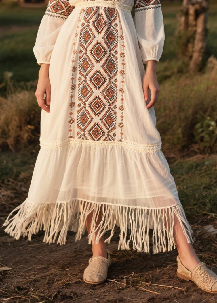 Modern White Tasseled Print Chiffon Dresses Fall - Image 4