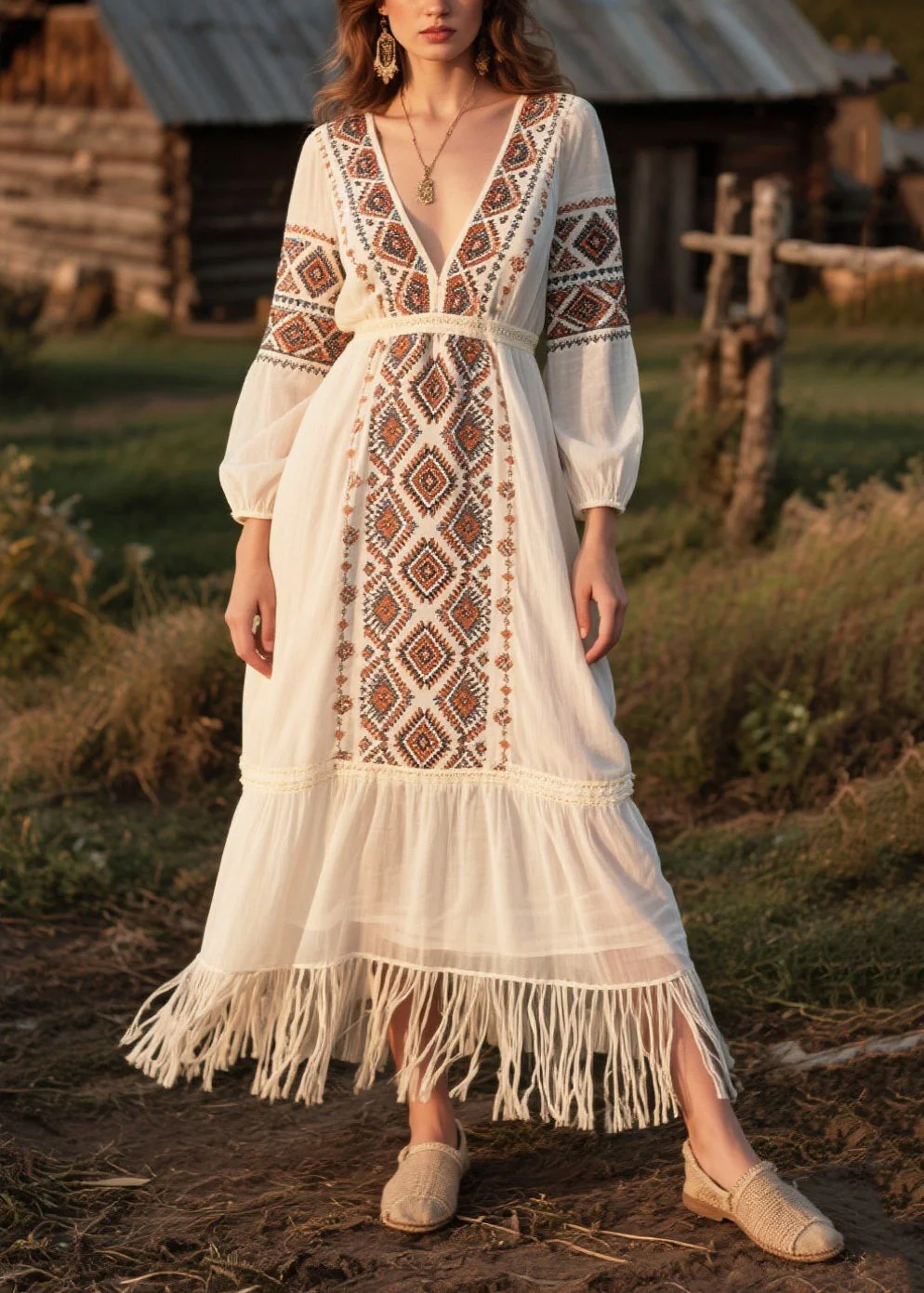 Modern White Tasseled Print Chiffon Dresses Fall - Image 5