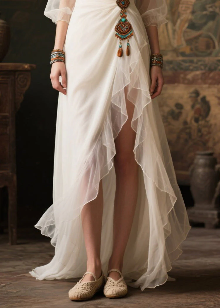 Modern White Tasseled Side Open Tulle Maxi Dresses Summer - Image 4