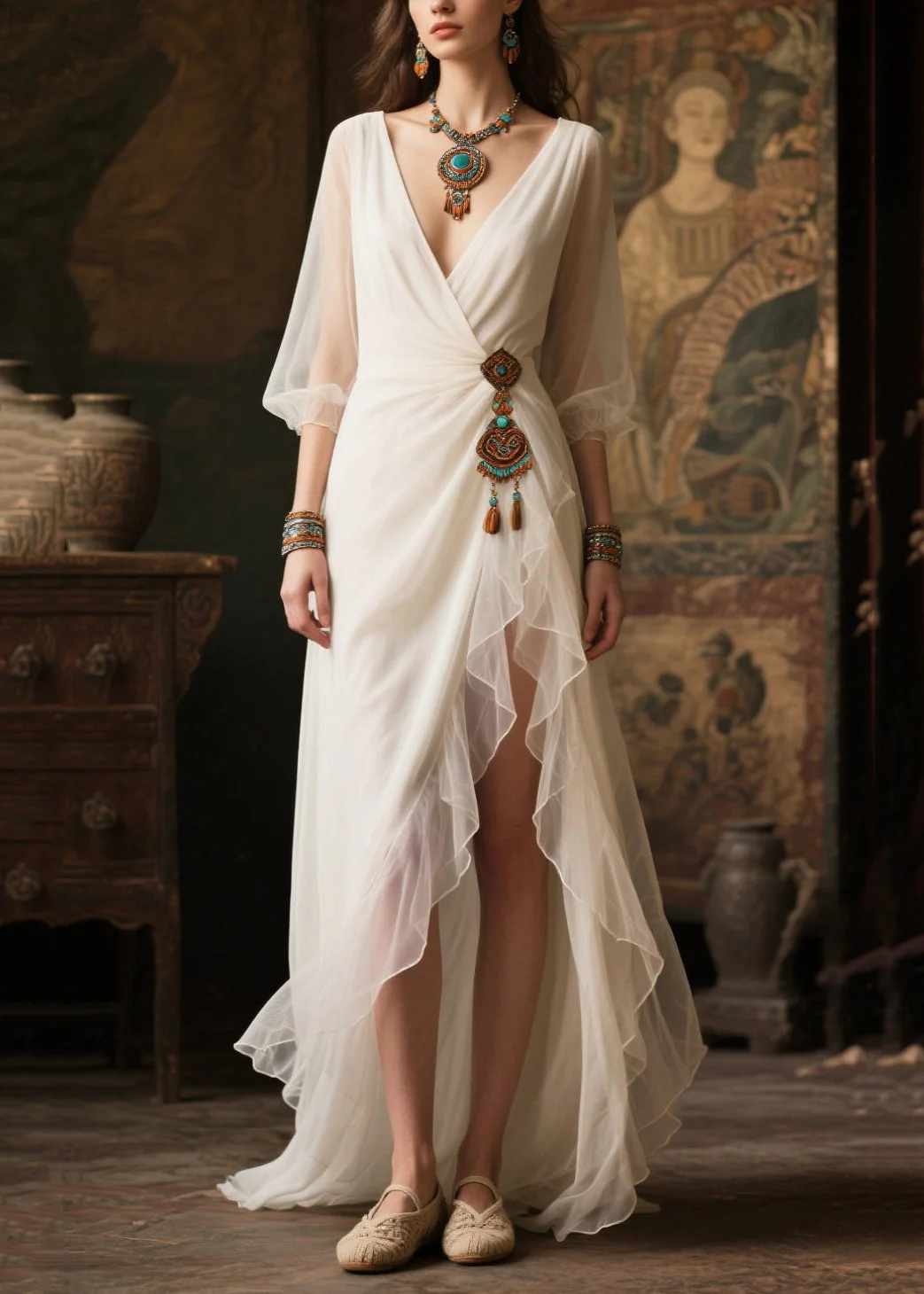 Modern White Tasseled Side Open Tulle Maxi Dresses Summer - Image 5