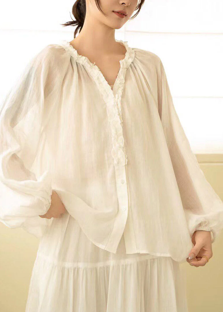 Modern White V Neck Patchwork Linen Shirt Fall - Image 3