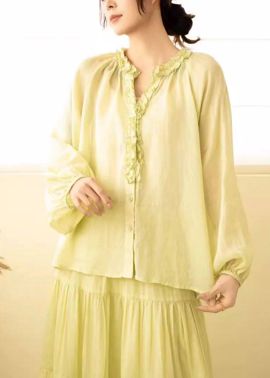 Modern White V Neck Patchwork Linen Shirt Fall - Image 4