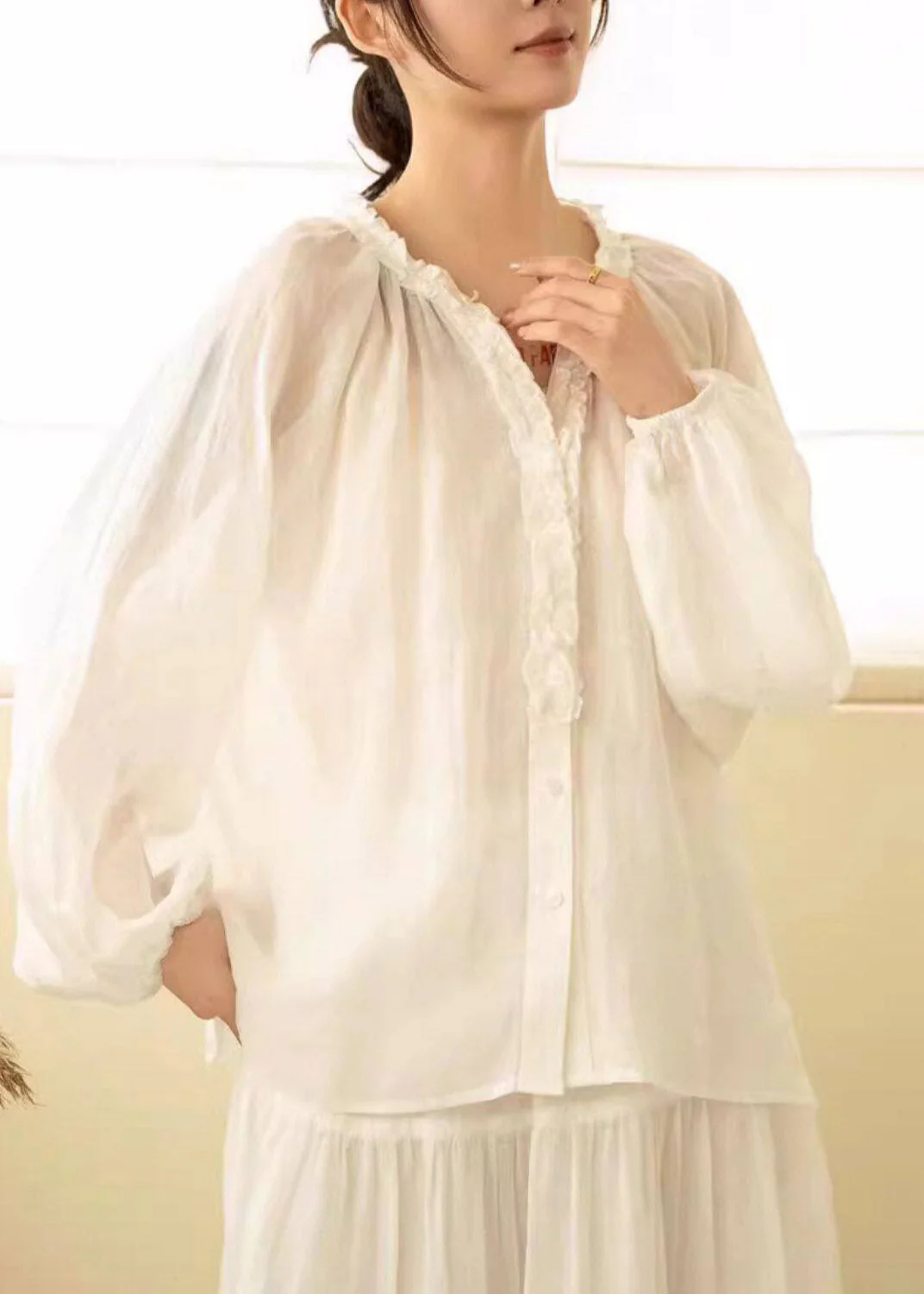 Modern White V Neck Patchwork Linen Shirt Fall - Image 5