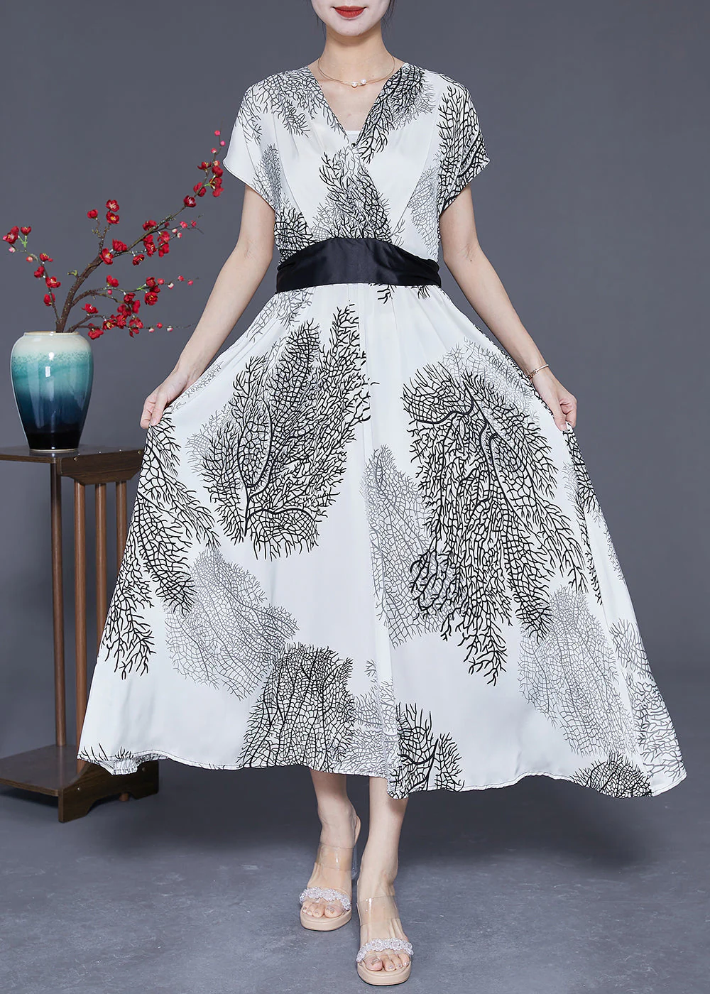 Modern White V Neck Tie Waist Print Silk Robe Dresses Summer - Image 2