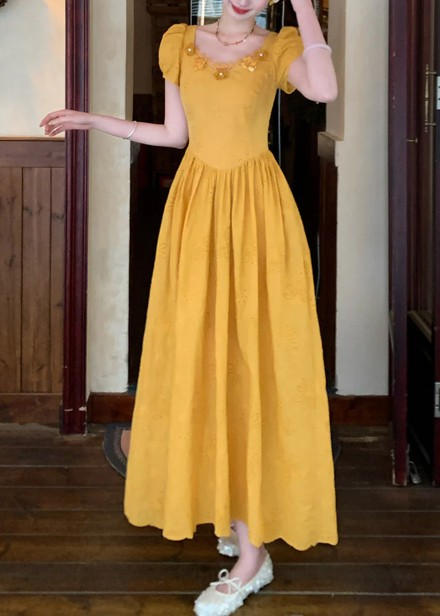 Modern Yellow Embroidered Floral Patchwork Maxi Dress Puff Sleeve - Image 2