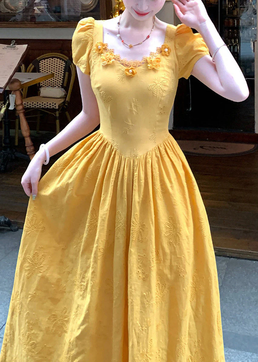 Modern Yellow Embroidered Floral Patchwork Maxi Dress Puff Sleeve - Image 5