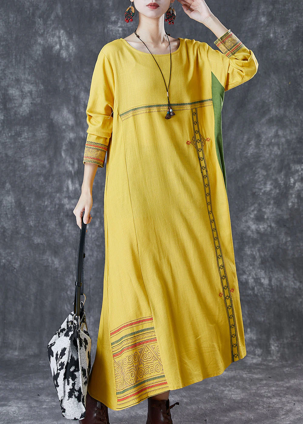 Modern Yellow Embroidered Patchwork Linen Maxi Dresses Spring - Image 2