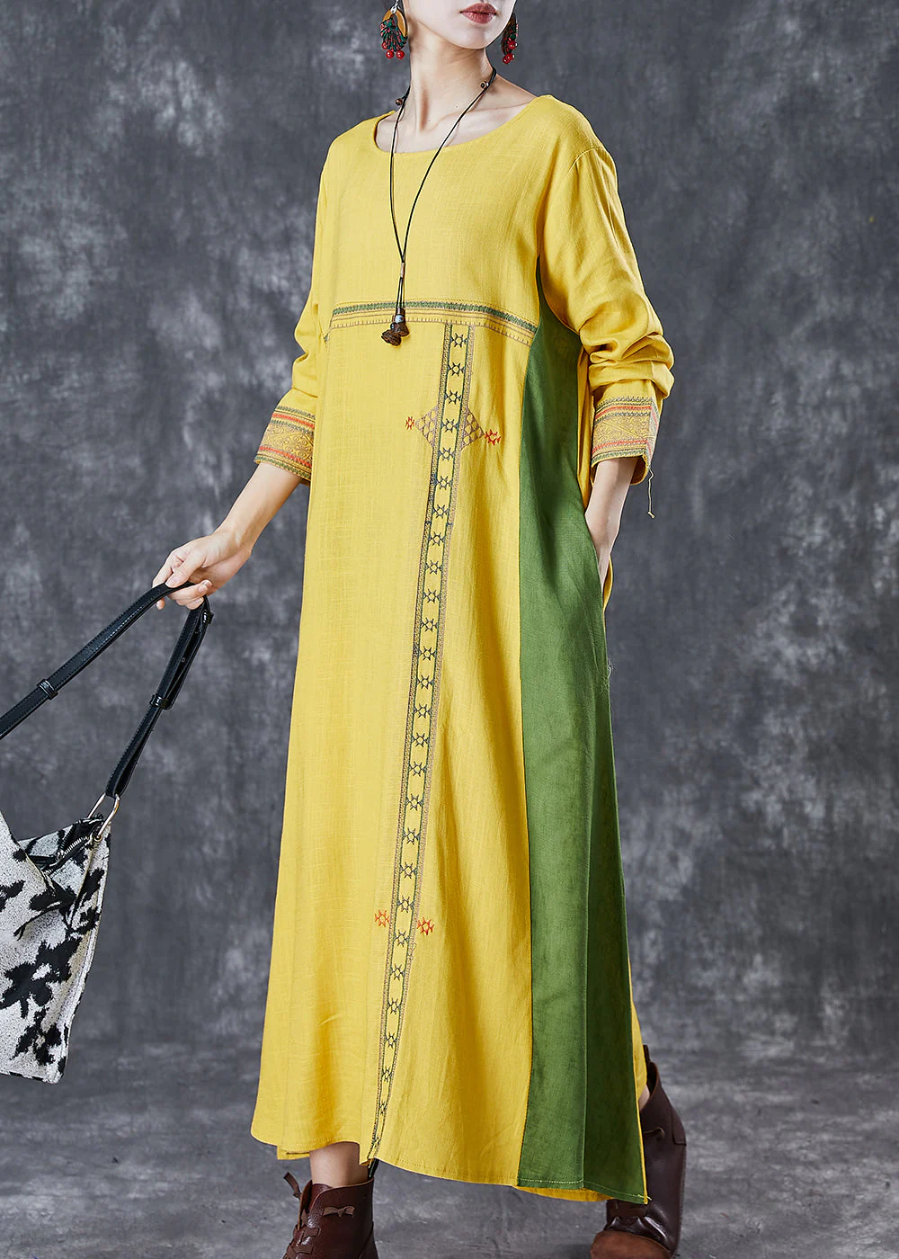 Modern Yellow Embroidered Patchwork Linen Maxi Dresses Spring - Image 3