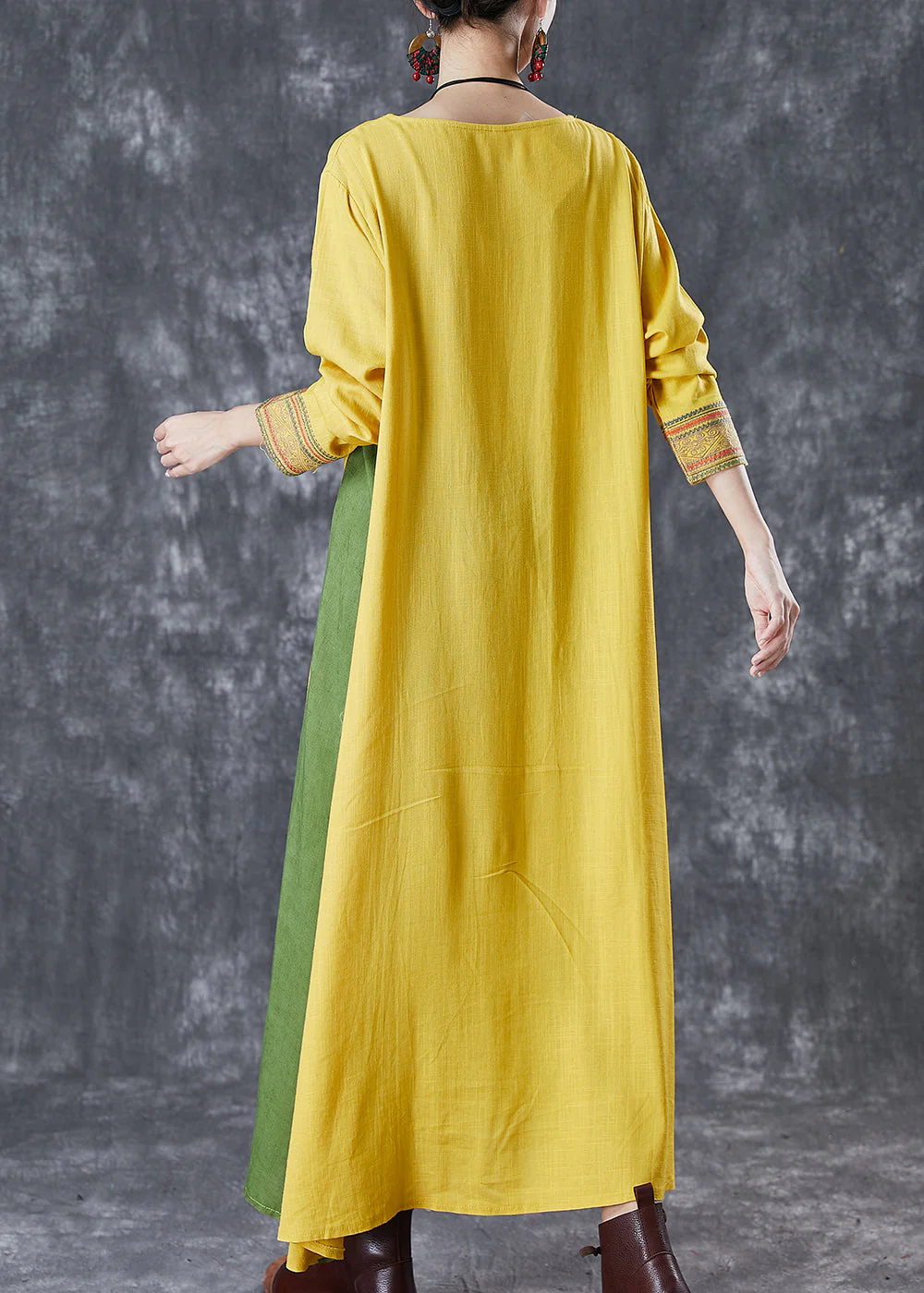 Modern Yellow Embroidered Patchwork Linen Maxi Dresses Spring - Image 4