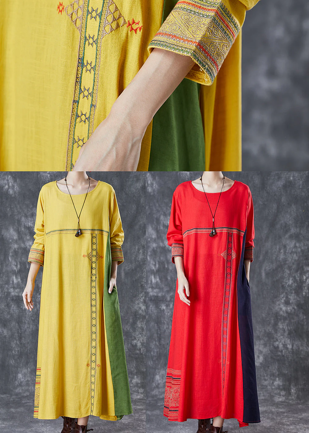 Modern Yellow Embroidered Patchwork Linen Maxi Dresses Spring - Image 5