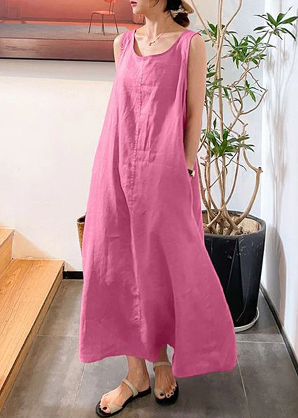 Modern Yellow O-Neck Slim Fit Cotton Long Dresses Sleeveless - Image 2