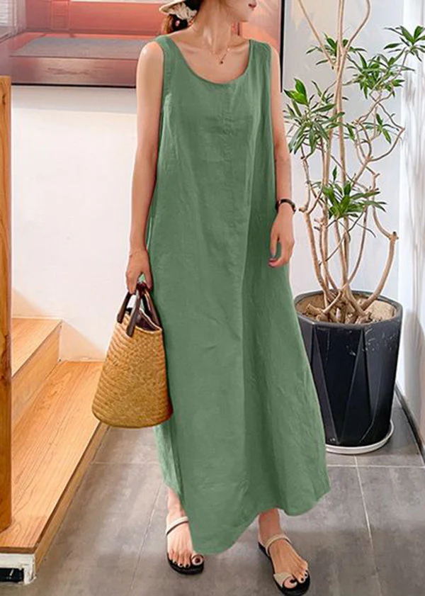 Modern Yellow O-Neck Slim Fit Cotton Long Dresses Sleeveless - Image 3