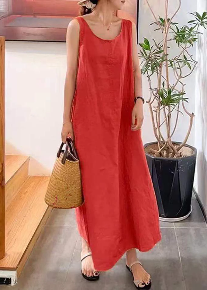 Modern Yellow O-Neck Slim Fit Cotton Long Dresses Sleeveless - Image 4