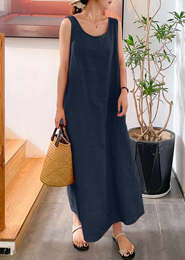 Modern Yellow O-Neck Slim Fit Cotton Long Dresses Sleeveless - Image 5