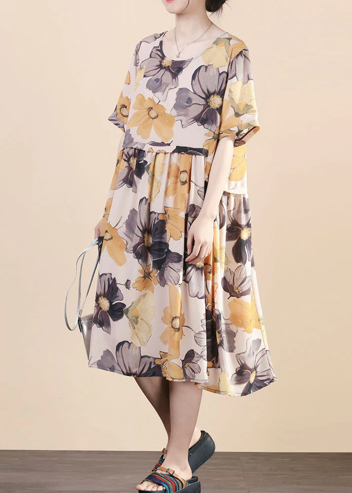 Modern Yellow O Neck Wrinkled Print Patchwork Silk Dress Summer - Image 3