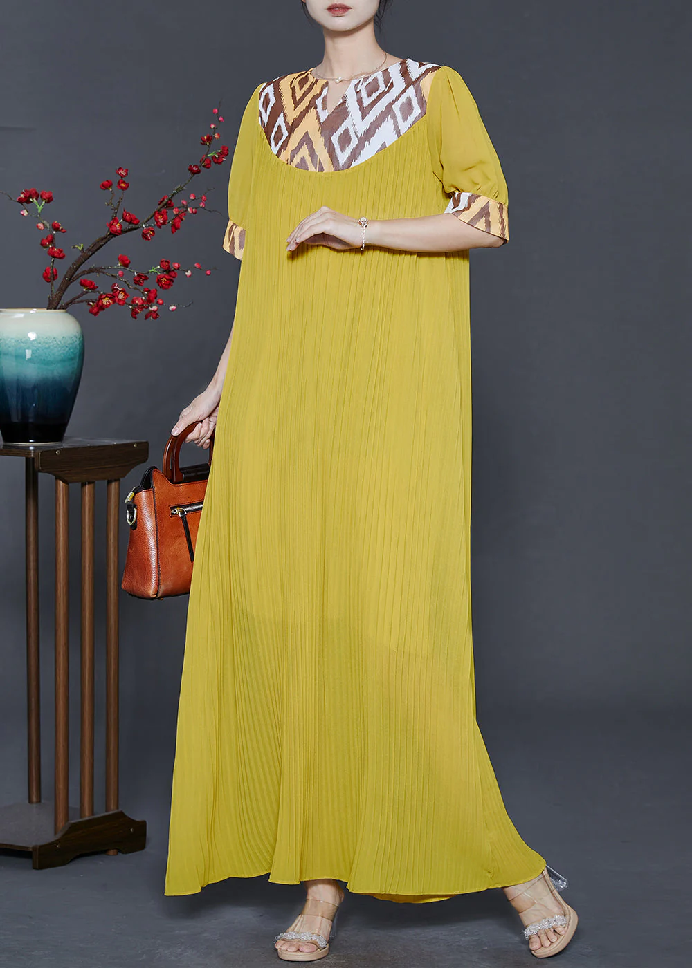 Modern Yellow Oversized Patchwork Chiffon Maxi Dress Summer - Image 3
