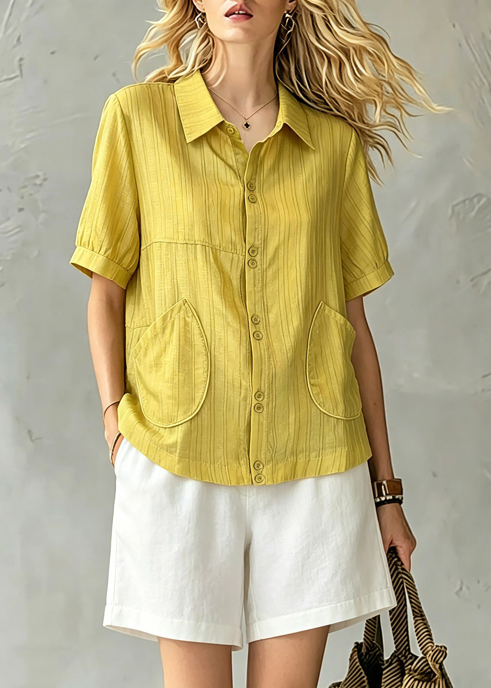 Modern Yellow Peter Pan Collar Pockets Shirt Summer - Image 3