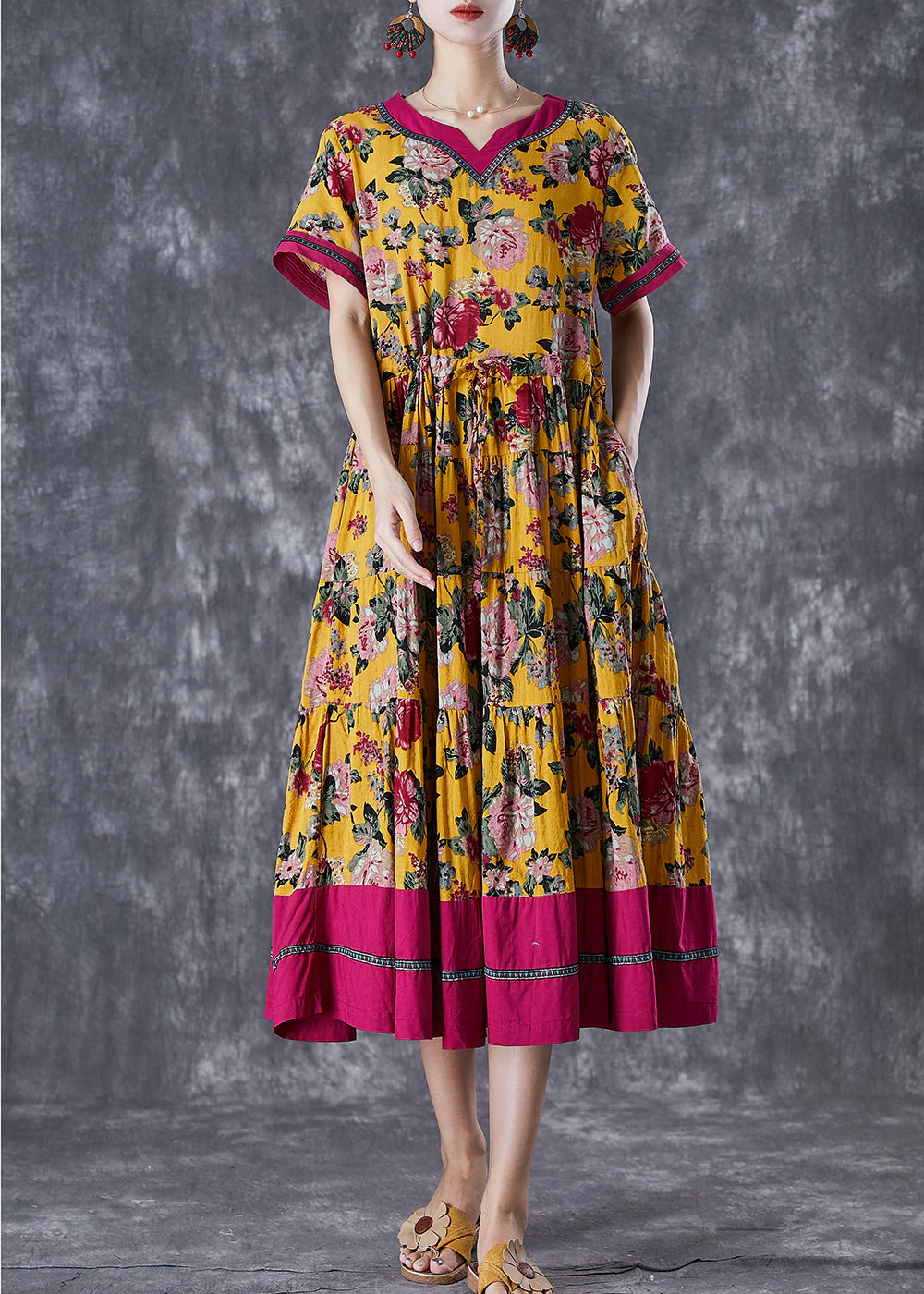 Modern Yellow Print Exra Large Hem Cotton Holiday Dresses Summer - Image 2