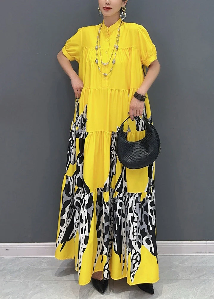 Modern Yellow Print Patchwork Long Dresses Summer - Image 2