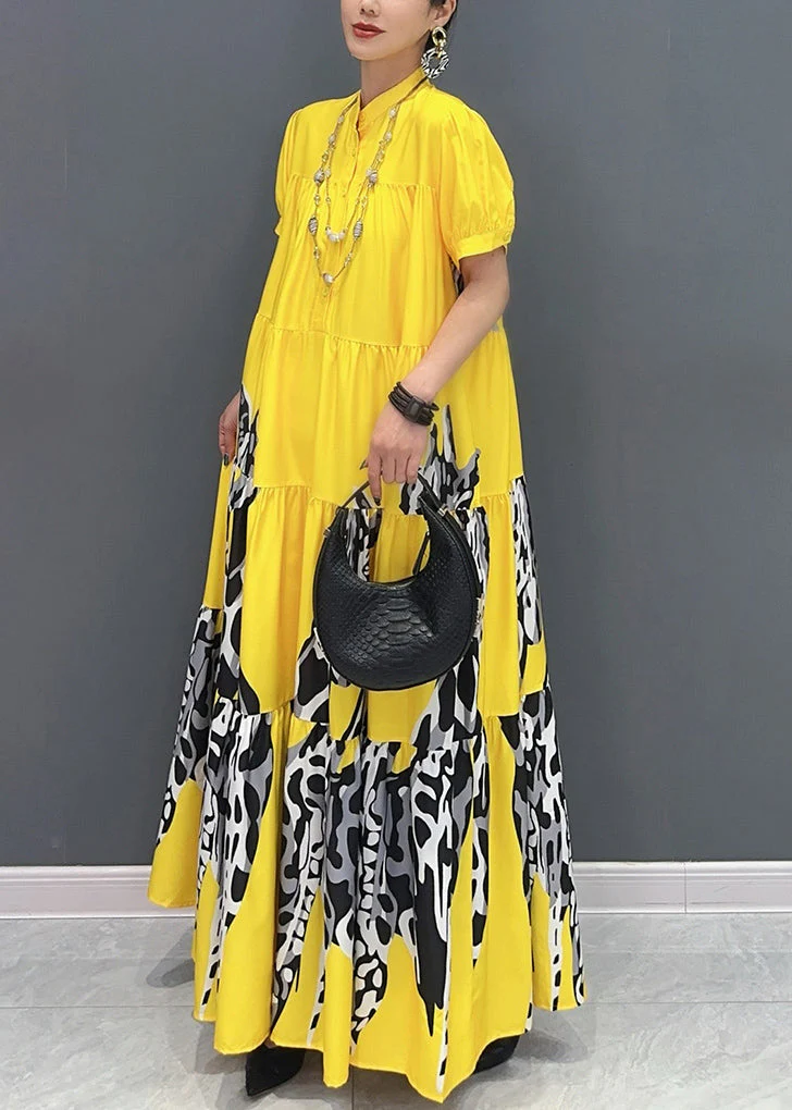 Modern Yellow Print Patchwork Long Dresses Summer - Image 3
