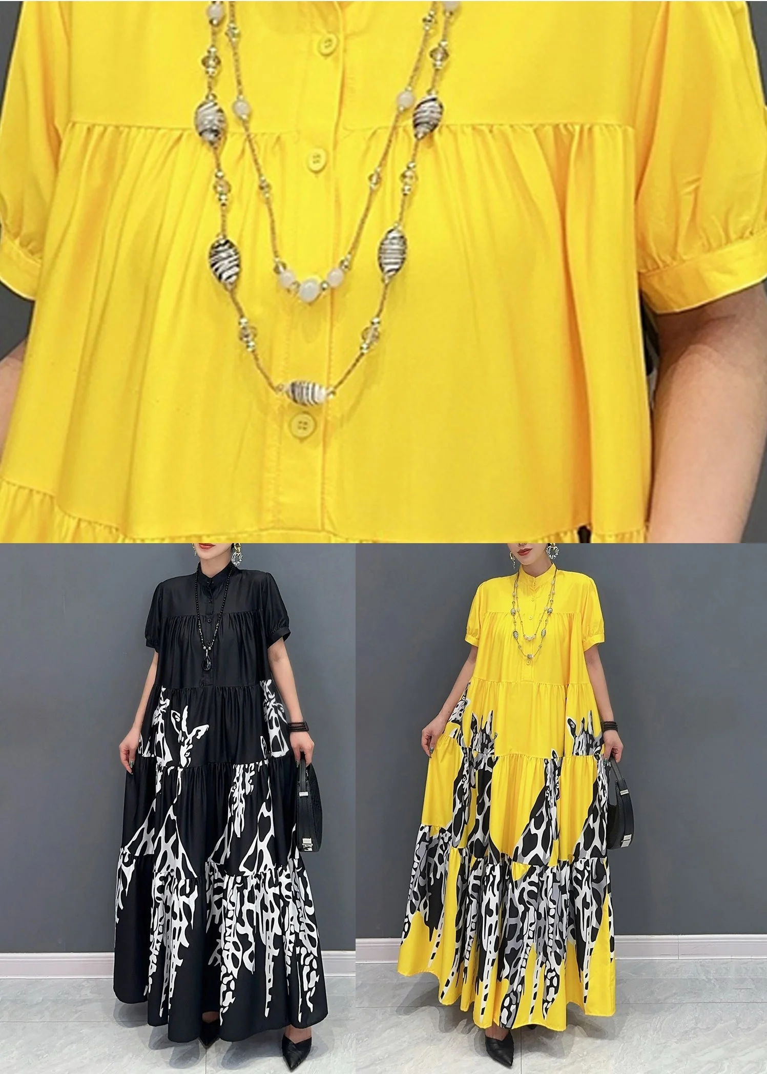 Modern Yellow Print Patchwork Long Dresses Summer - Image 5