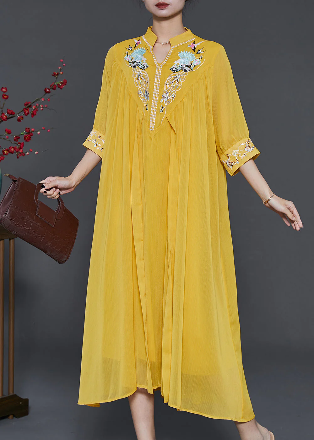 Modern Yellow Stand Collar Embroidered Beach Dresses Summer - Image 3