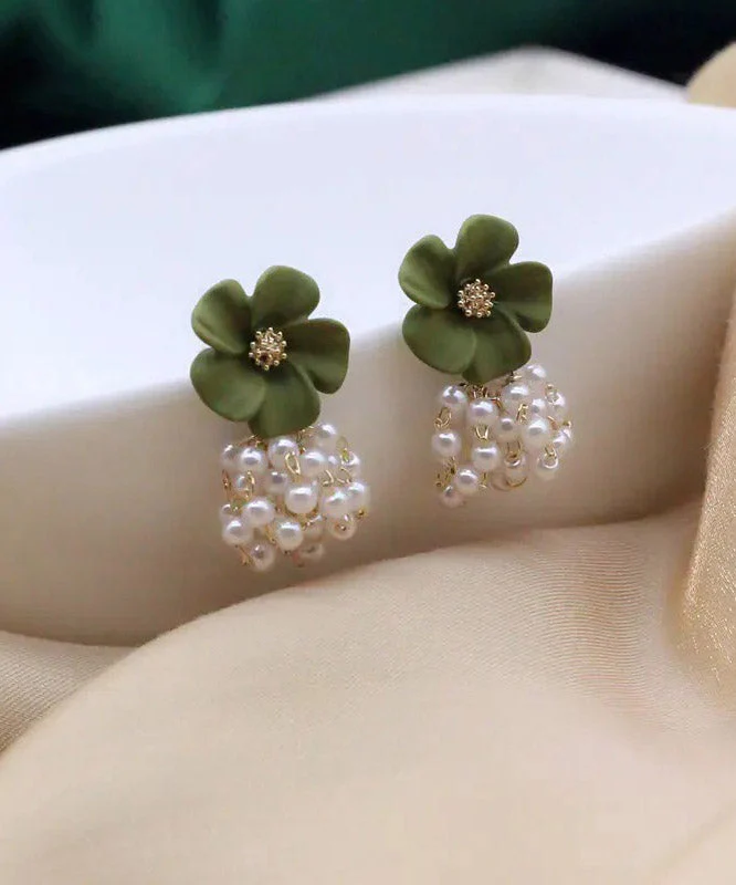 Modern Yellow Sterling Silver Overgild Camellia Pearl Stud Earrings - Image 2