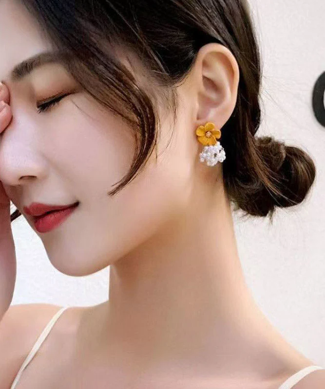Modern Yellow Sterling Silver Overgild Camellia Pearl Stud Earrings - Image 3
