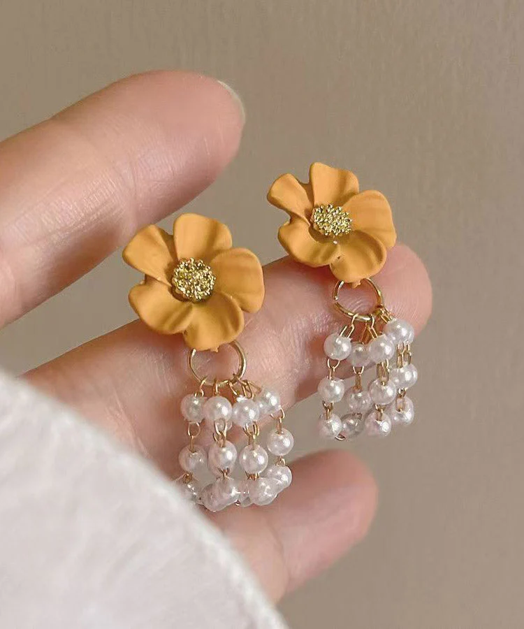 Modern Yellow Sterling Silver Overgild Camellia Pearl Stud Earrings - Image 4